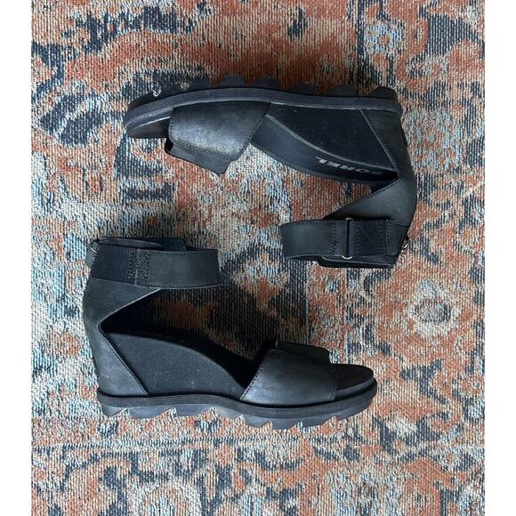SOREL Women's Joanie II Ankle Strap Black Leather Wedge Sandals Size 8 - Picture 8 of 11